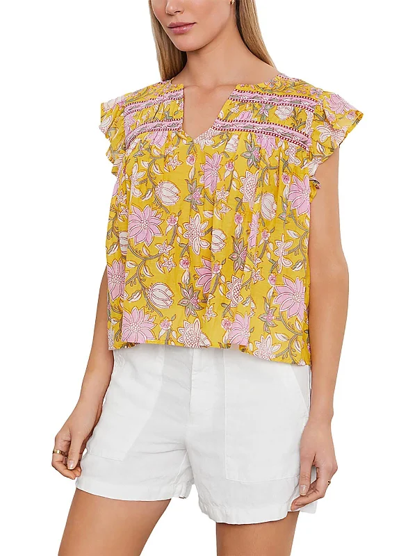 Womens V-Neck Floral Print Pullover Top