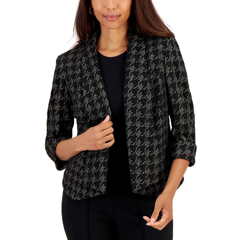 Womens Metallic Houndstooth Open-Front Blazer