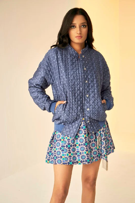Blue- Unisex Jacket Shibori Print Light Quilted Bomber Jacket Nylon Fabric Polyester Fabric Spandex Fabric