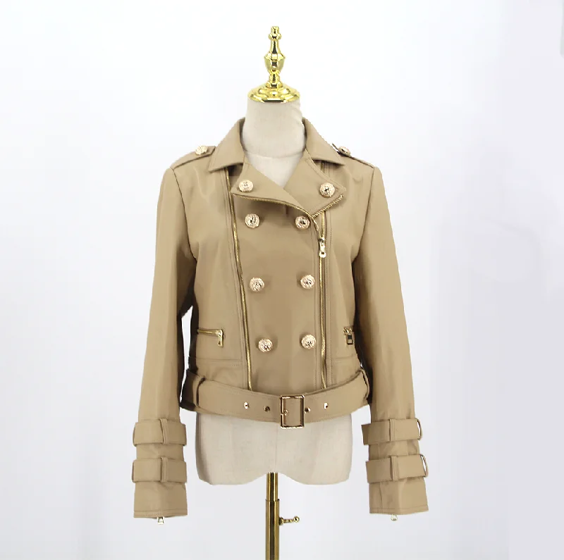 QIUCHEN QC21137 Real sheepskin locomotive short leather jacket 2021 spring autumn new women's fashion Zip Front Button Front Snap Front QIUCHEN QC21137 Real sheepskin locomotive short leather jacket 2021 spring autumn new women's fashion Zip Front Button Front Snap Front