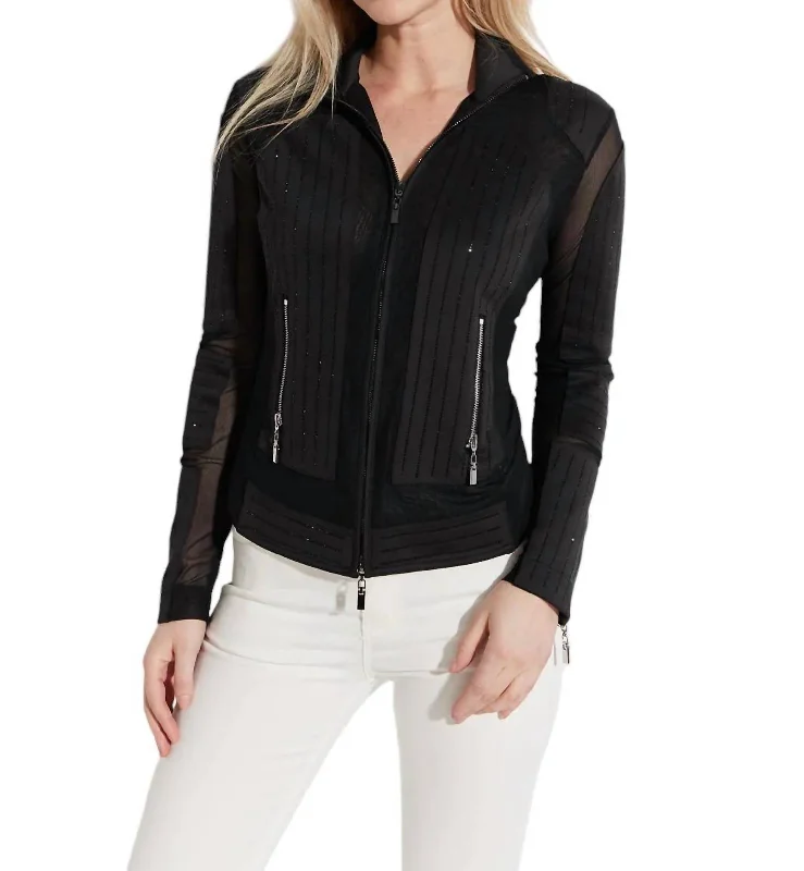 Quilted Zip Jacket With Rhinestones In Black Ribbed Jacket Pleated Jacket Ruffled Jacket Quilted Zip Jacket With Rhinestones In Black Ribbed Jacket Pleated Jacket Ruffled Jacket