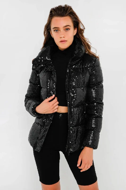 Unreal Fur WOMENS DESIRE SEQUIN PUFFER JACKET BLACK Embroidered Jacket Appliqued Jacket Beaded Jacket Unreal Fur WOMENS DESIRE SEQUIN PUFFER JACKET BLACK Embroidered Jacket Appliqued Jacket Beaded Jacket