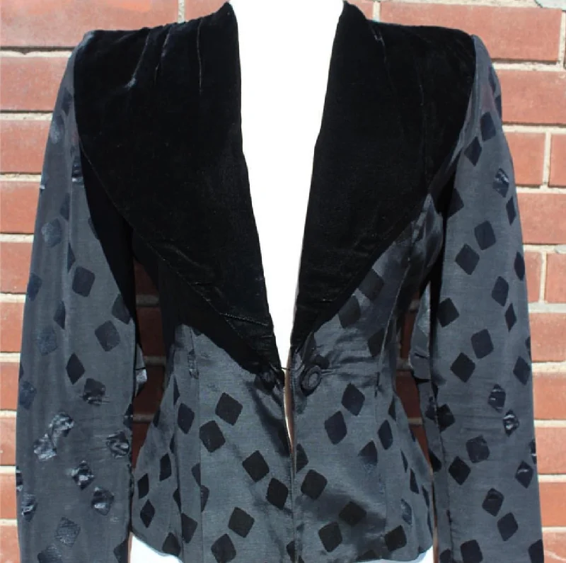 Vintage 1940s Black Jacquard Blazer, Velvet Shawl Collar, Medium