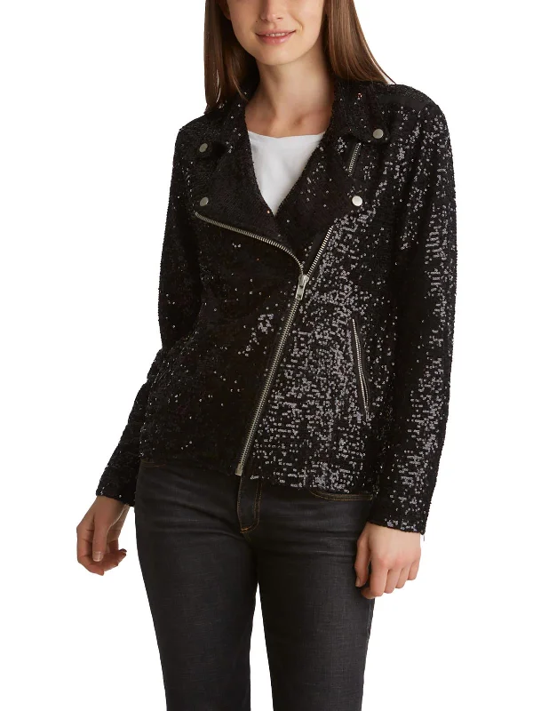 Womens Sequined Long Sleeves Motorcycle Jacket Welt Pockets Slit Pockets Flap Pockets Womens Sequined Long Sleeves Motorcycle Jacket Welt Pockets Slit Pockets Flap Pockets