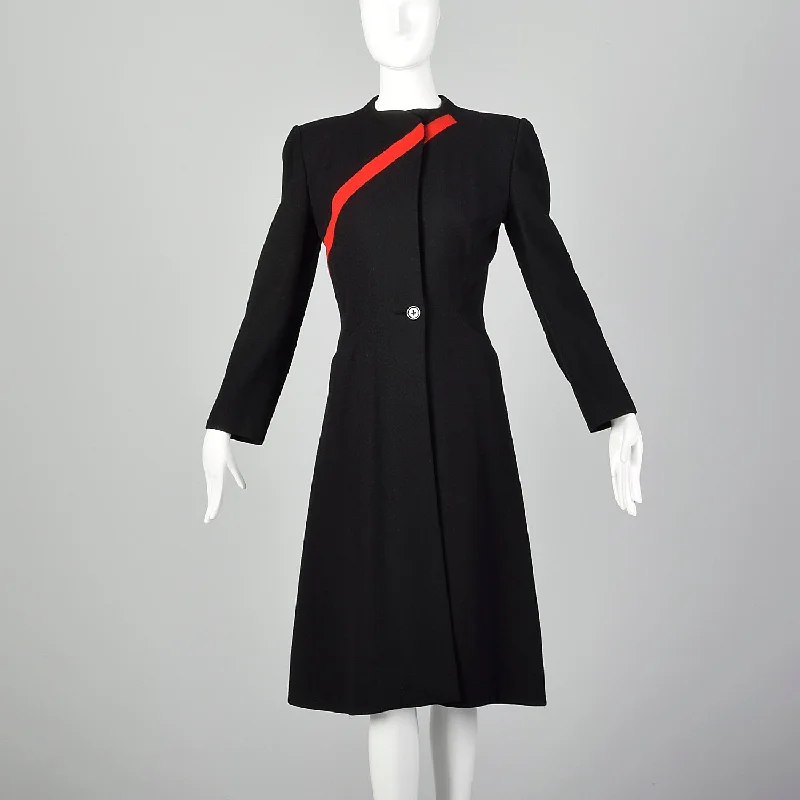 1940s Gilbert Adrian Black Wool Coat with Asymmetric Red Stripe Checkered Wool Shacket
