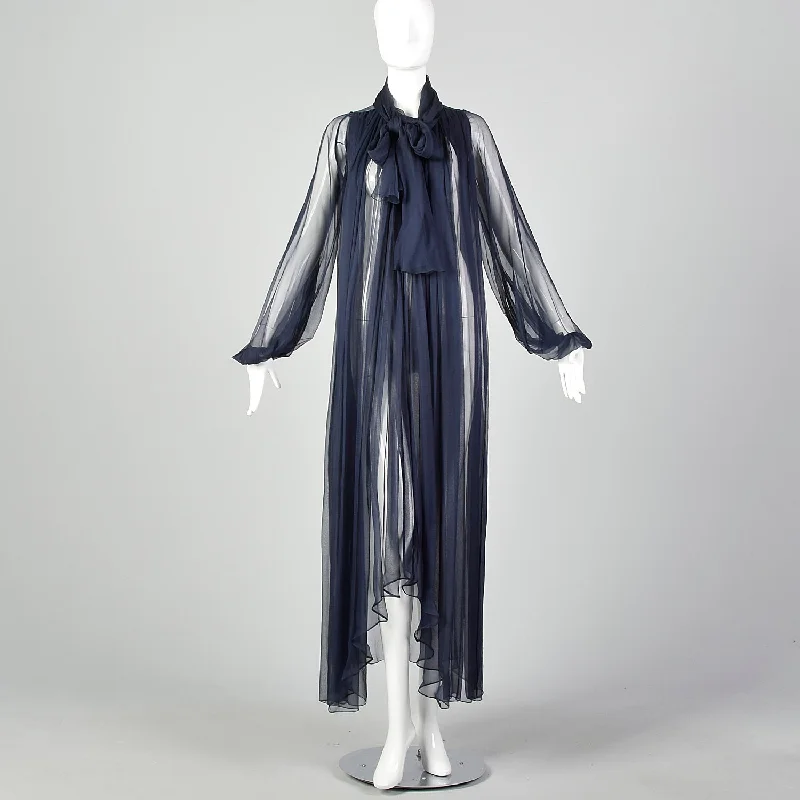 1970s Elegant Silk Chiffon Coat in Navy Blue Ruched Sleeve Blazer