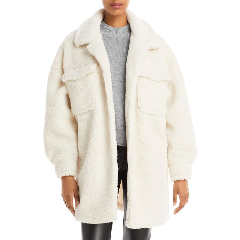 Aqua Womens Sherpa Short Faux Fur Coat Puff Sleeve Overcoat