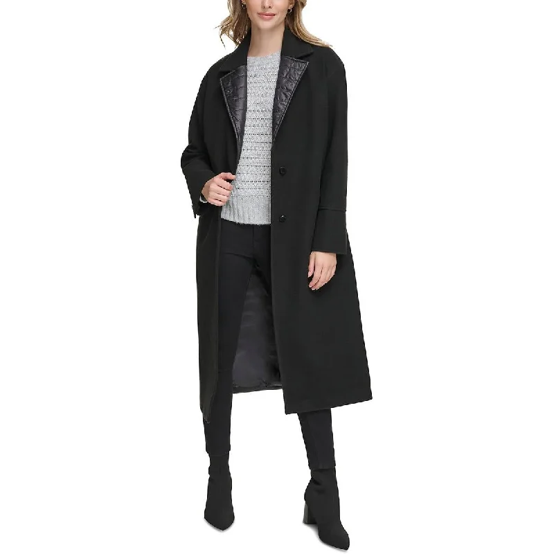 Calvin Klein Womens Mixed Media Puffer Long Coat Checkered Wool Shacket