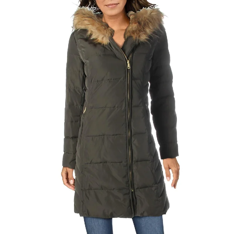 Cole Haan Womens Down Midi Quilted Coat Cozy Fleece Hoodie