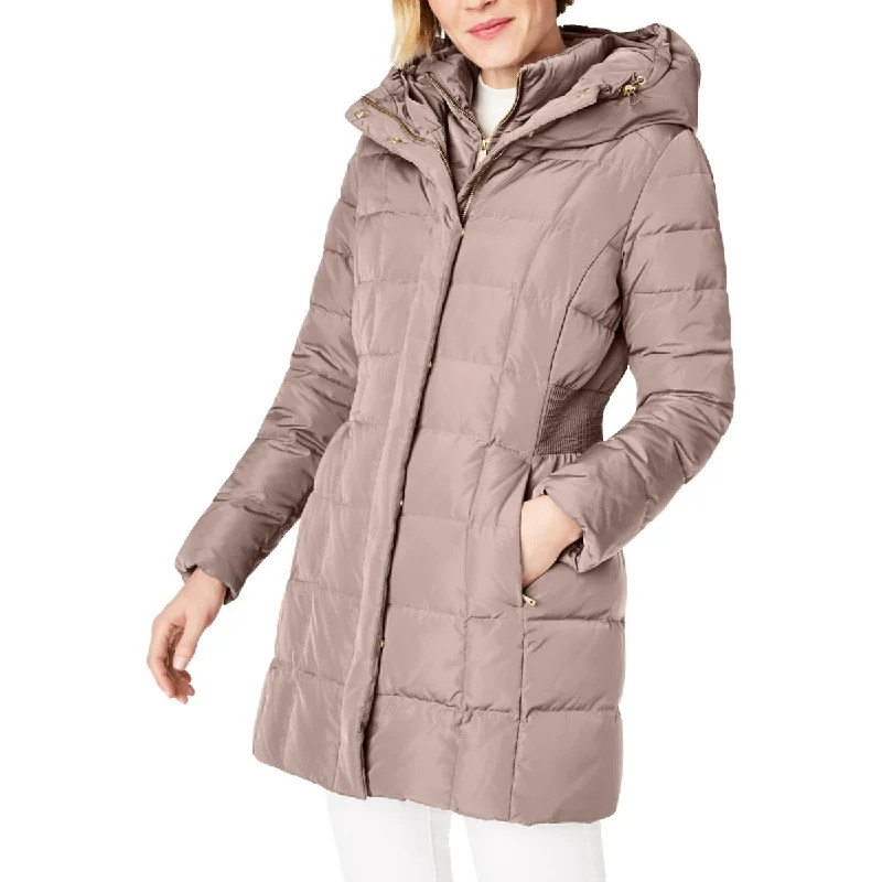 Cole Haan Women's Quilted Mid-Length Down Puffer Coat with Attached Hood Draped Collar Cardigan