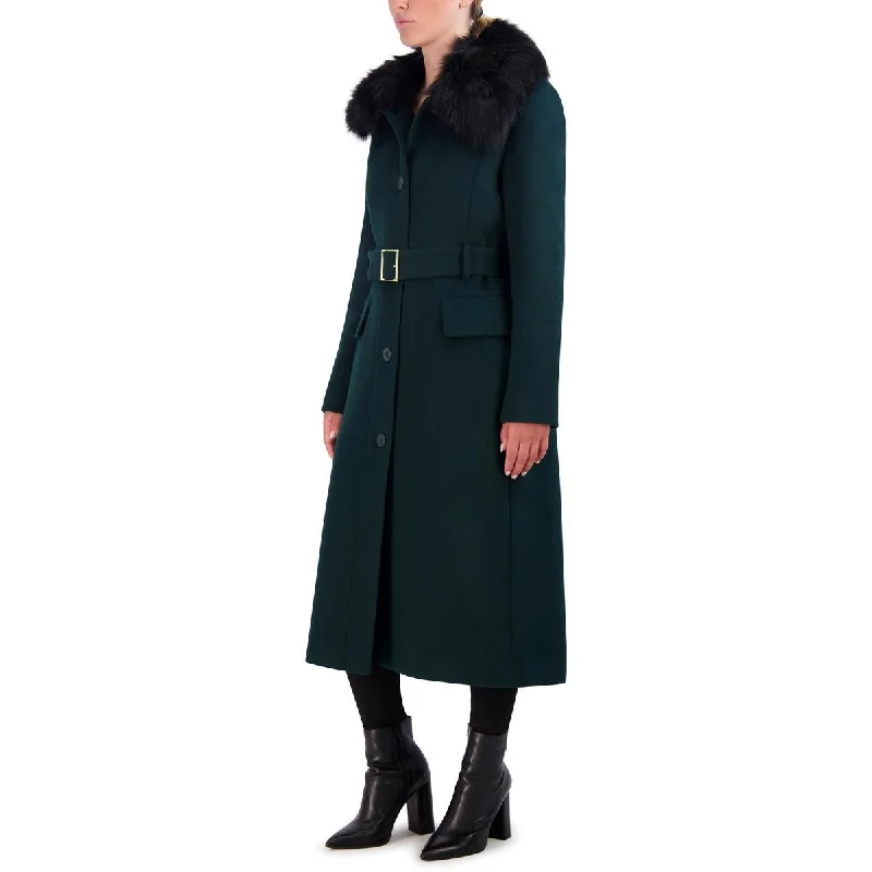 Cole Haan Womens Wool Blend Faux Fur Collar Wool Coat Classic Trench Coat