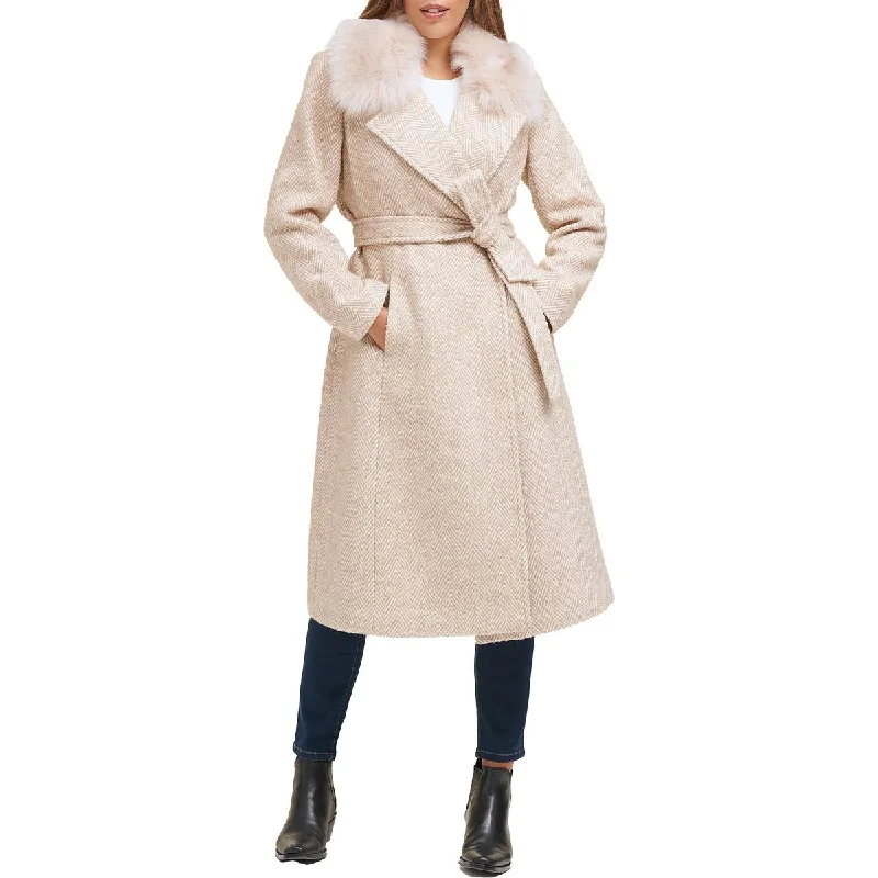 Cole Haan Womens Wool Blend Faux Fur Collar Wool Coat Longline Wool Coat