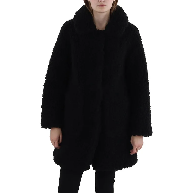 DKNY Jeans Womens Sherpa Long Sleeves Faux Fur Coat Bold Color Block Coat
