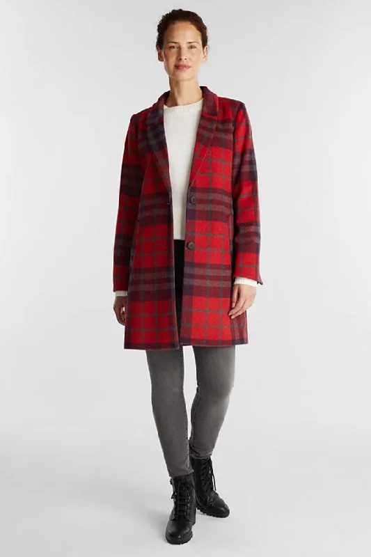 Esprit Blended Wool Check Coat Military-Inspired Jacket
