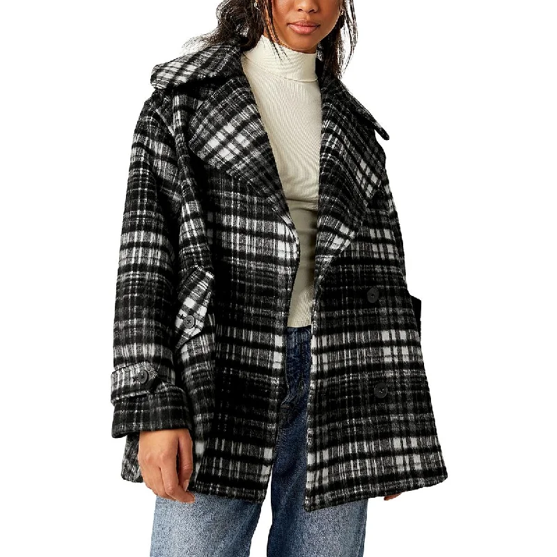 Free People Womens Highlands Wool Blend Plaid Pea Coat Quilted Puffer Jacket