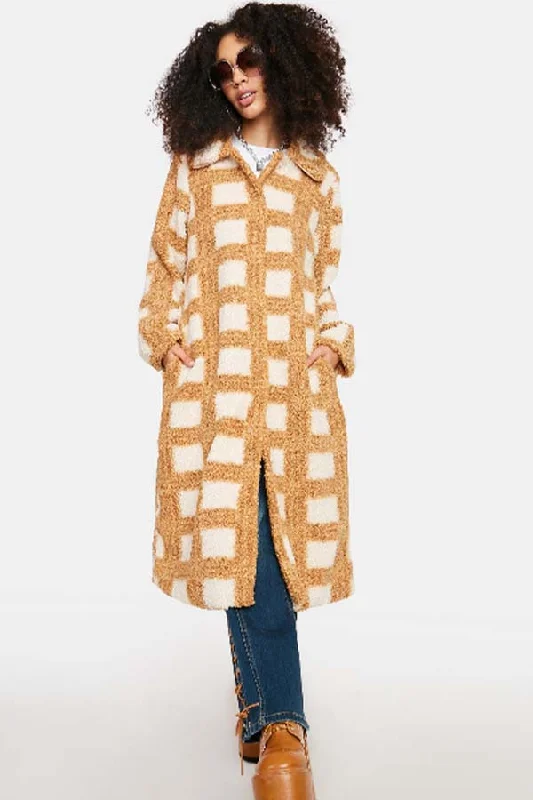 Glamorous Camel Checkered Sherpa Coat Polished Tailored Coat