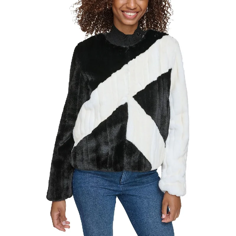 Karl Lagerfeld Paris Womens Colorblock Cropped Faux Fur Coat Puff Sleeve Blazer