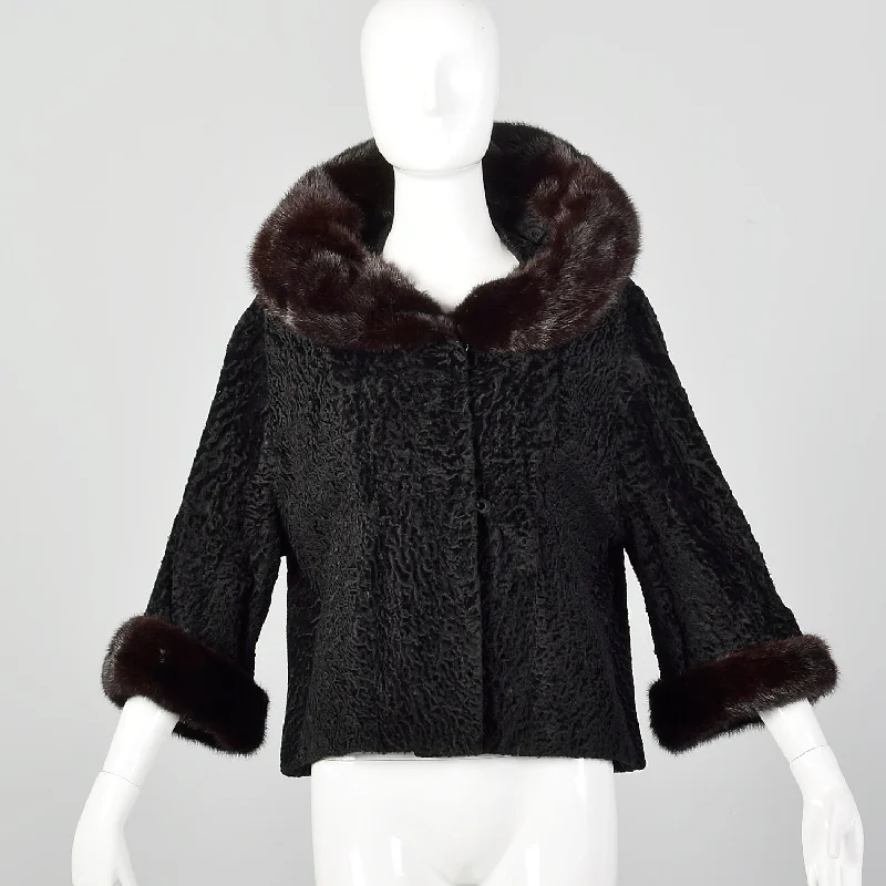 Large 1950s Black Persian Lamb Fur Coat Drape Front Waterfall Coat