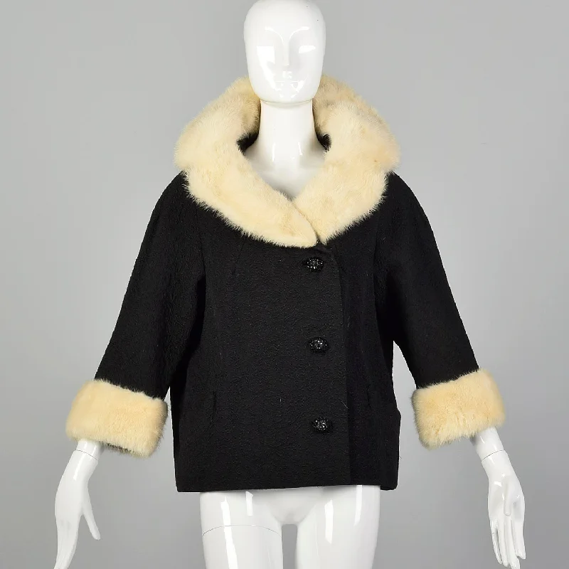 Large 1950s Mink Collar Black Coat Fleece Lined Windbreaker