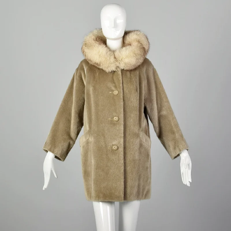 Large 1960s Tan Faux Fur and Fox Fur Collar Coat Puff Sleeve Blazer