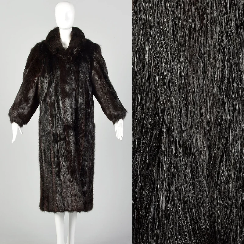 Large 1980s Black Long Hair Beaver Fur Coat Sleeveless Puffer Vest