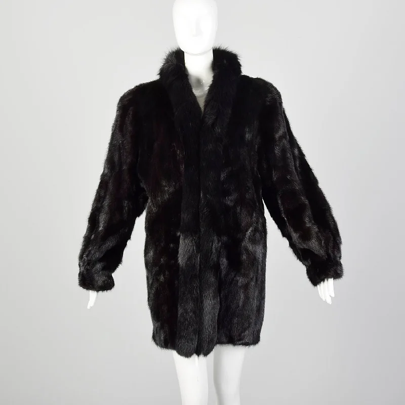 Large 1980s Black Mink Coat with Fox Fur Lapel Structured Wool Blazer