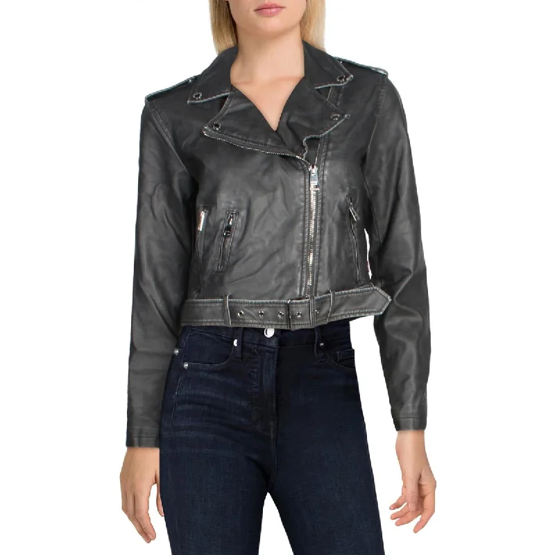 Levi Strauss & Co. Womens Faux Leather Cold Weather Moto Coat Draped Longline Jacket