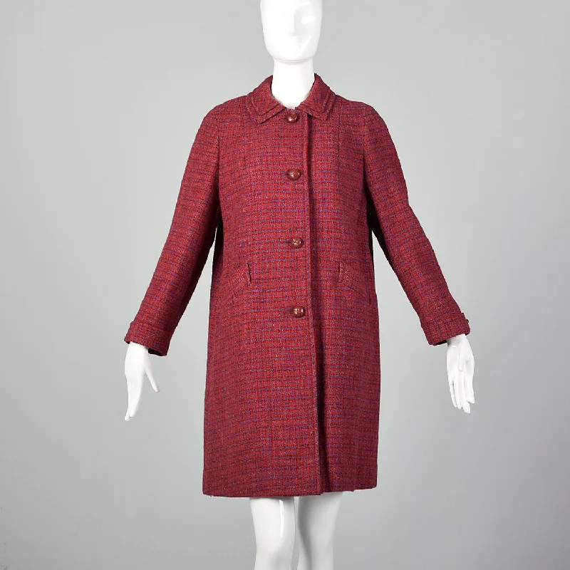 Medium 1960s Red and Blue Scottish Wool Tweed Coat Belted Midi-Length Coat