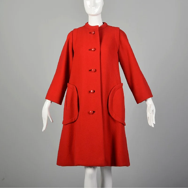 Medium 1960s Red Pauline Trigere Winter Coat Cozy Fleece Hoodie