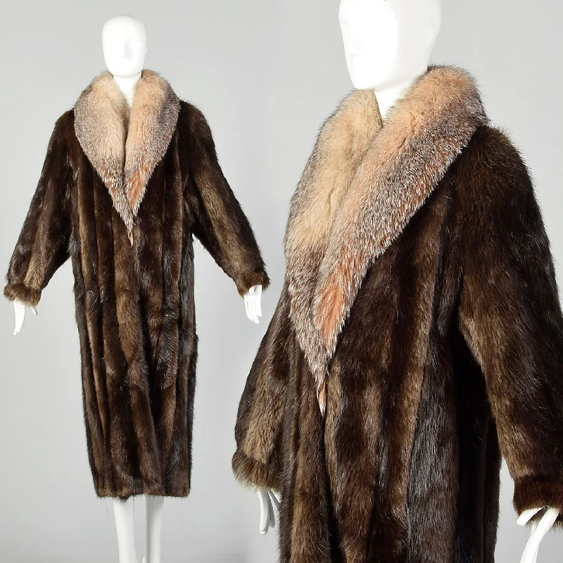 Medium 1980s Brown Long Hair Beaver Fur Coat Luxe Satin Long Coat