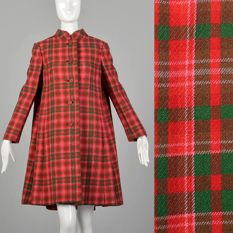Medium Geoffrey Beene 1960s Red and Green Plaid Swing Coat Pastel Wool Peacoat