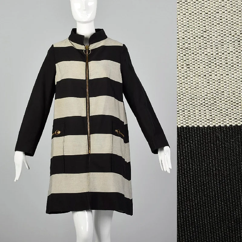 Medium-Large 1960s Black & Gray Striped Coat Hooded Puffer Anorak