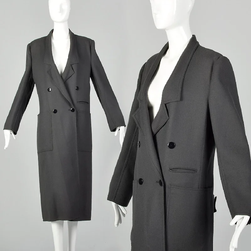 Medium Louis Feraud 1980s Double Breasted Gray Coat Zipper Front Biker Jacket