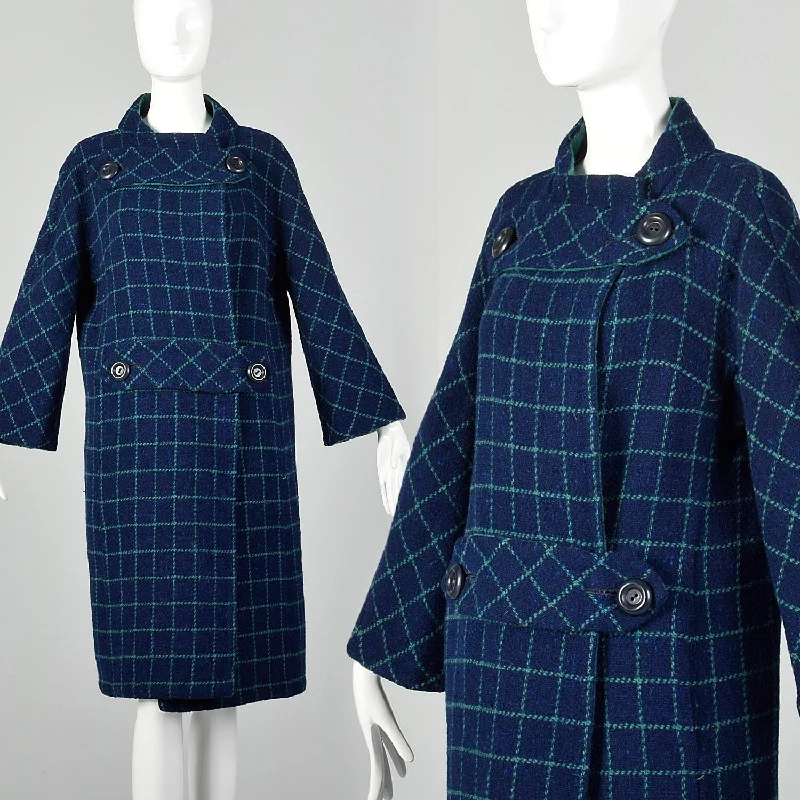 Medium Pauline Trigere 1960s Mod Blue Plaid Wool Blanket Coat Padded Ski Jacket