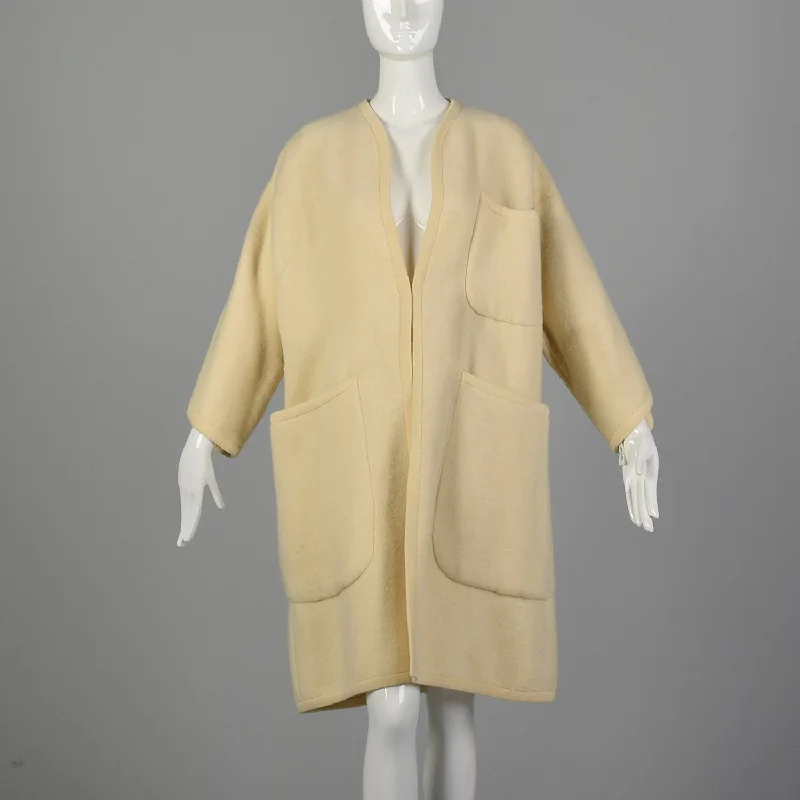 Medium-XL 1960s Cream Blanket Coat Hooded Parka Coat