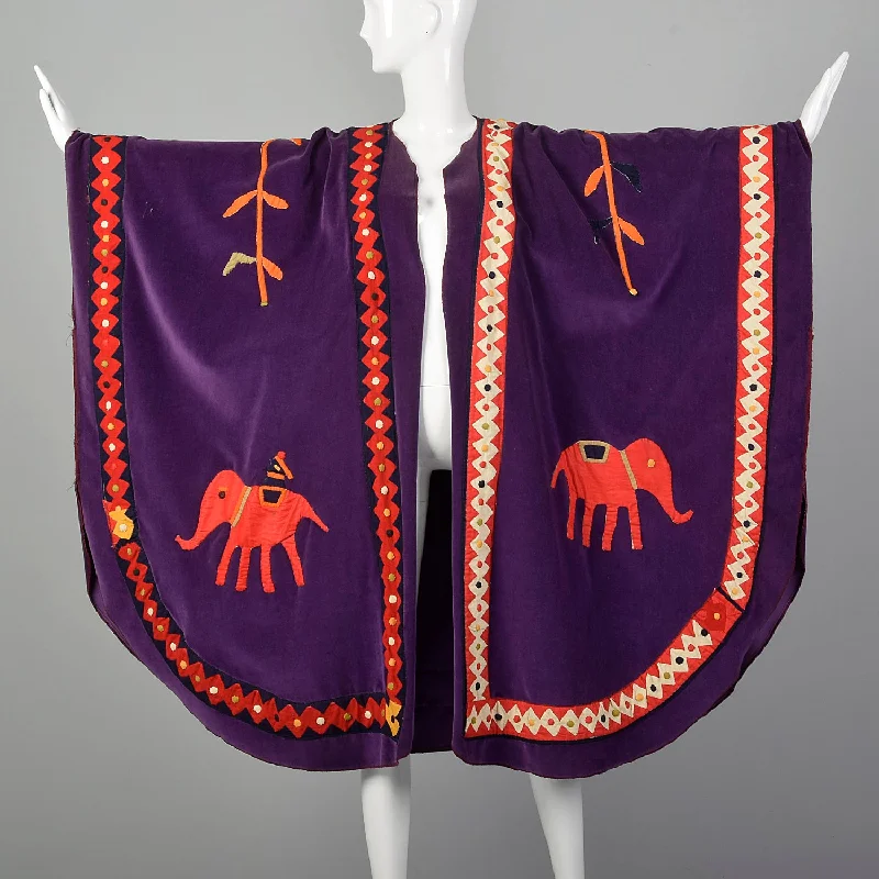 OSFM 1970s Purple Velvet Cape Coat with Cotton Appliques Chic Winter Coat