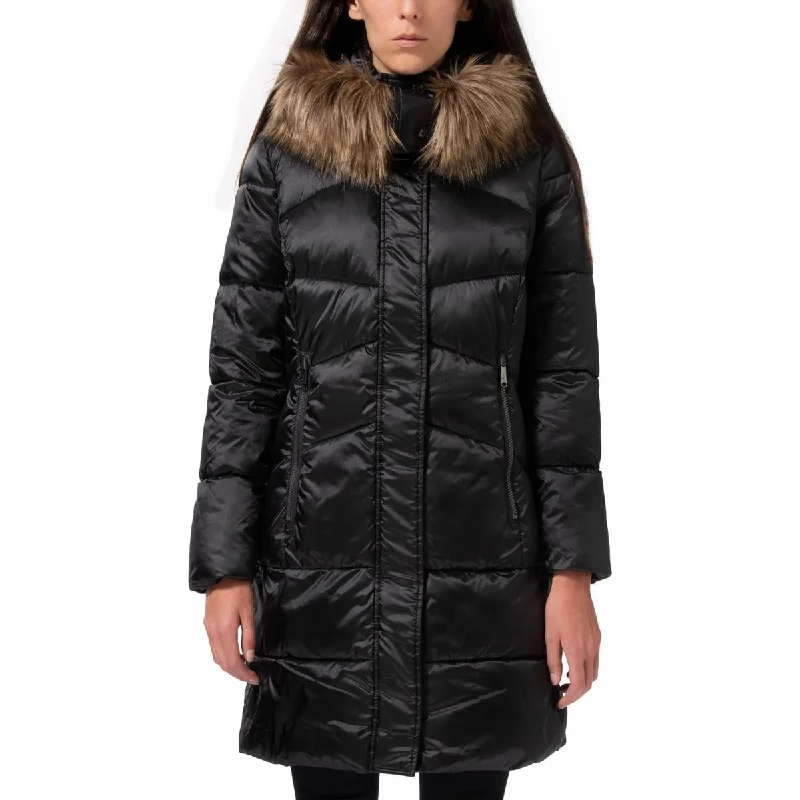 Sam Edelman Womens Faux Fur Hooded Parka Coat Cozy Knitted Poncho