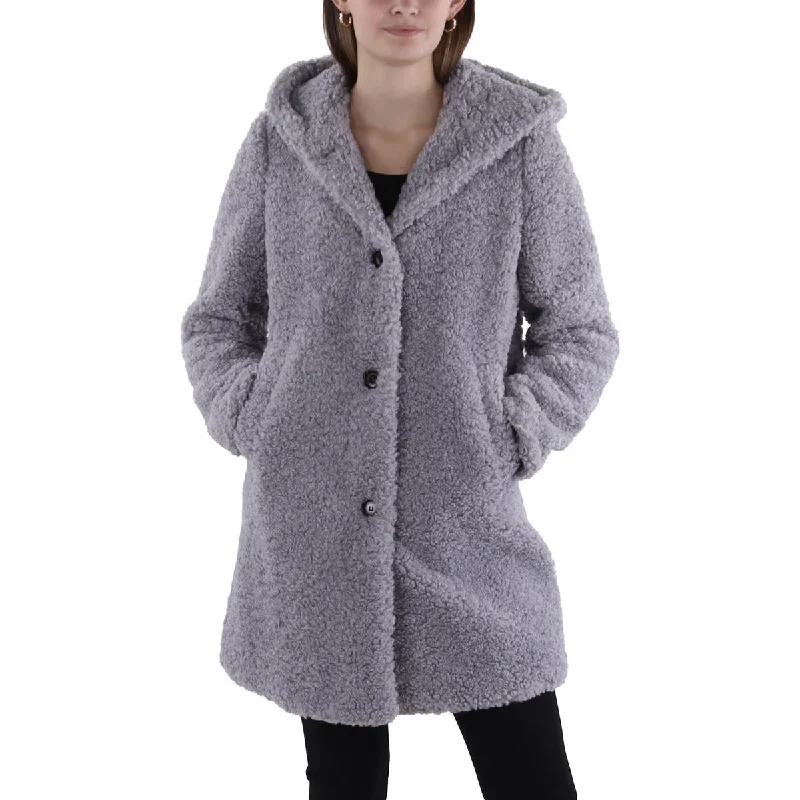 Sam Edelman Womens Faux Fur Hooded Teddy Coat Fur-Lined Aviator Coat