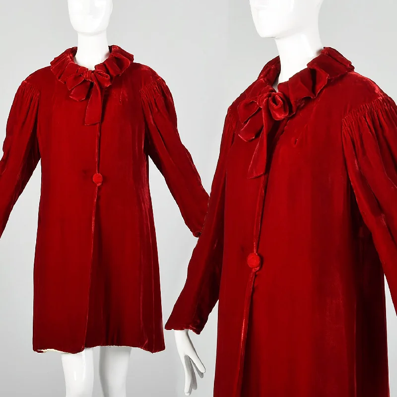 Small 1940s Red Silk Velvet Coat Belted Crossover Blazer