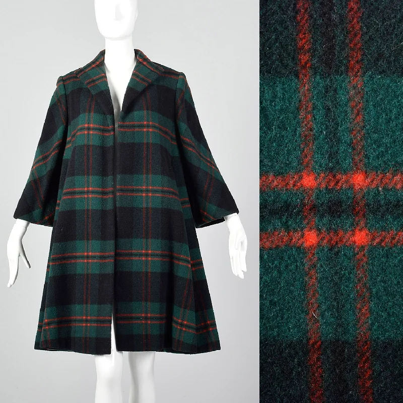 Small-Medium 1950s Pauline Trigere Green Plaid Swing Coat Hooded Puffer Anorak