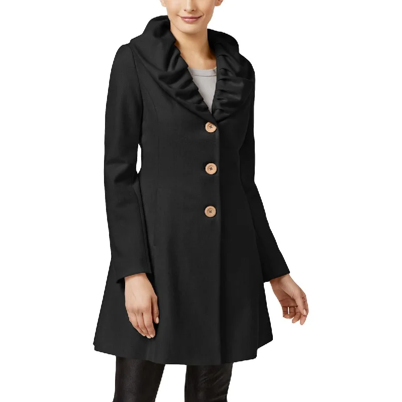 T Tahari Womens Abigail Wool Ruffled Collar Basic Coat Long Hooded Anorak