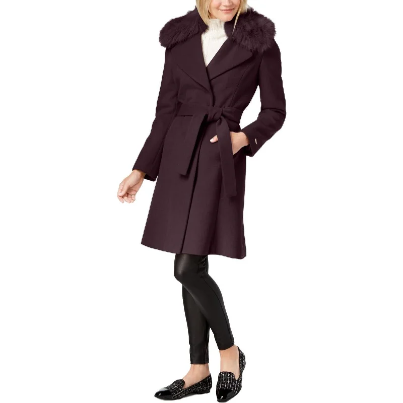 Tahari Fiona Women’s Faux Fur Collar Wool Blend Wrap Coat Embroidered Kimono Coat