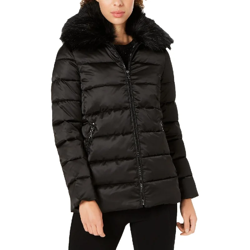 Tahari Gemma Women's Quilted Winter Puffer Coat with Removable Faux Fur Trim Double-Breasted Trench