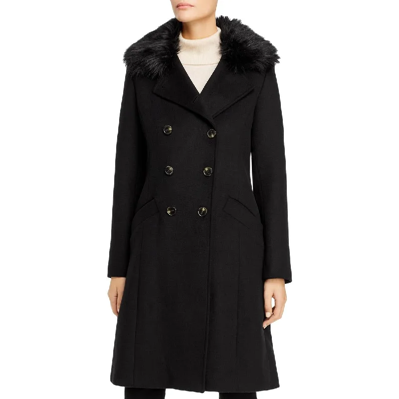 Tahari Maci Women's Double Breasted Mid-Length Wool Coat with Faux Fur Collar Double-Breasted Trench