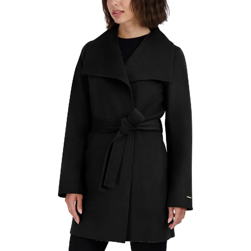 Tahari Womens Ella Wool Blend Open Front Wrap Coat Buttoned Peplum Coat