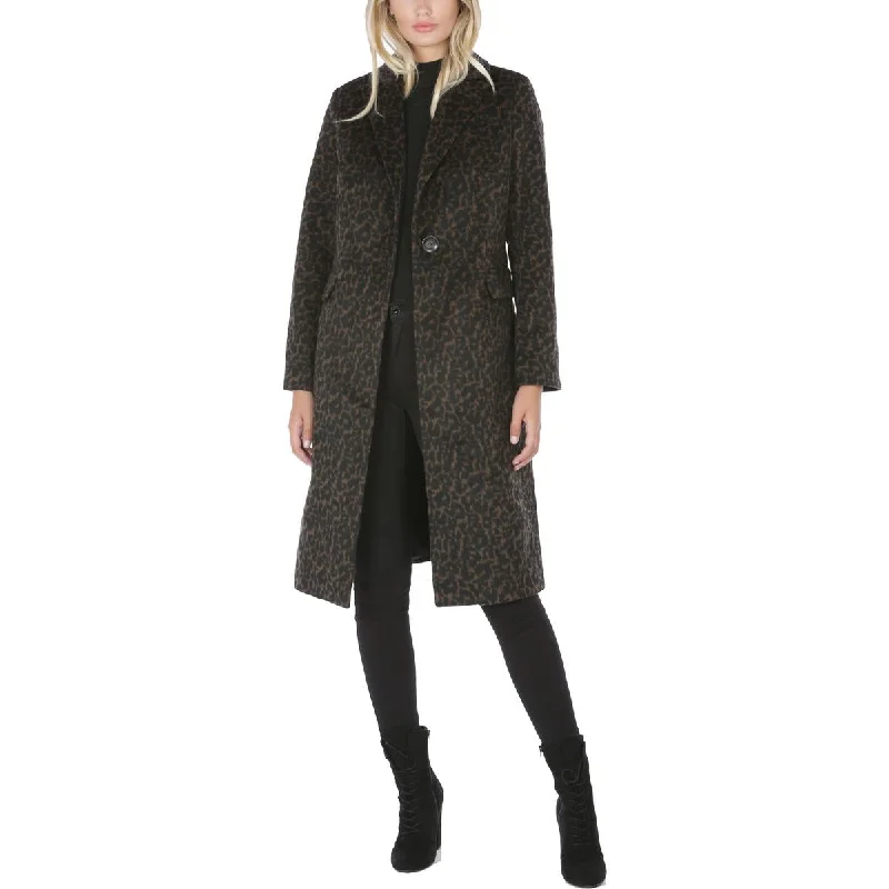 Tahari Women's Leopard Print Mid-Length Wool Blend Midi Coat Lightweight Windbreaker