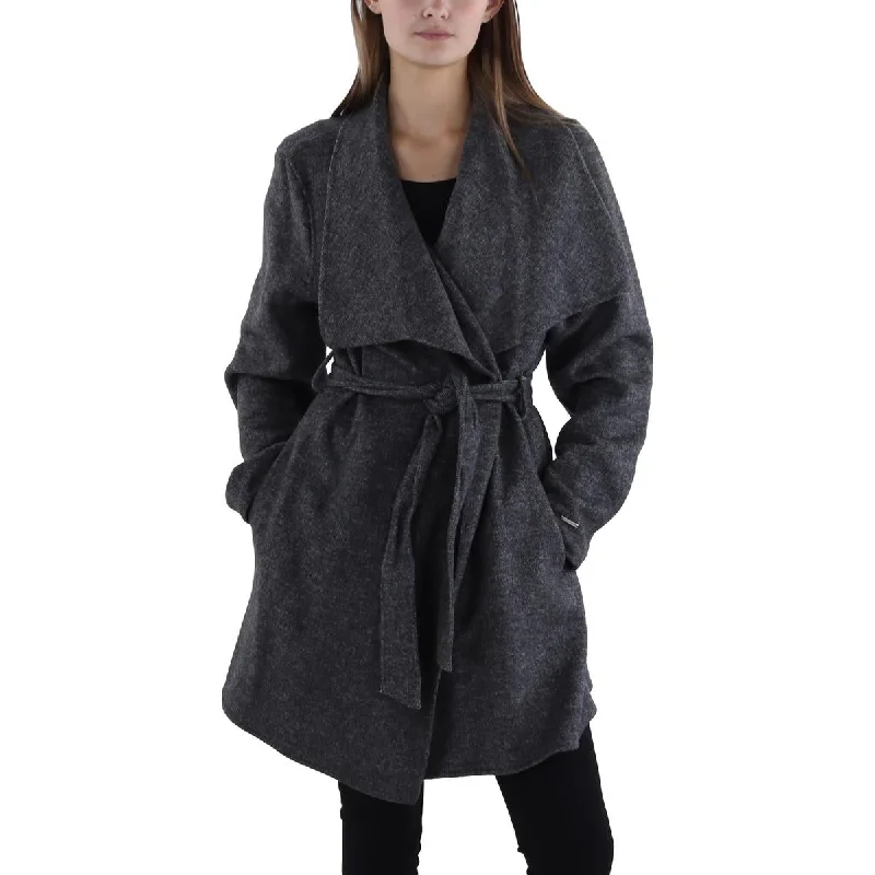 Tahari Womens Wool Blend Heathered Wrap Coat Suede Fringe Jacket