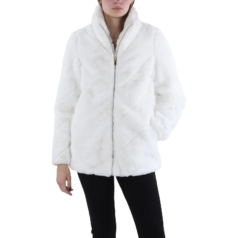 Via Spiga Womens Faux Fur Cold Weather Faux Fur Coat Adjustable Waist Parka