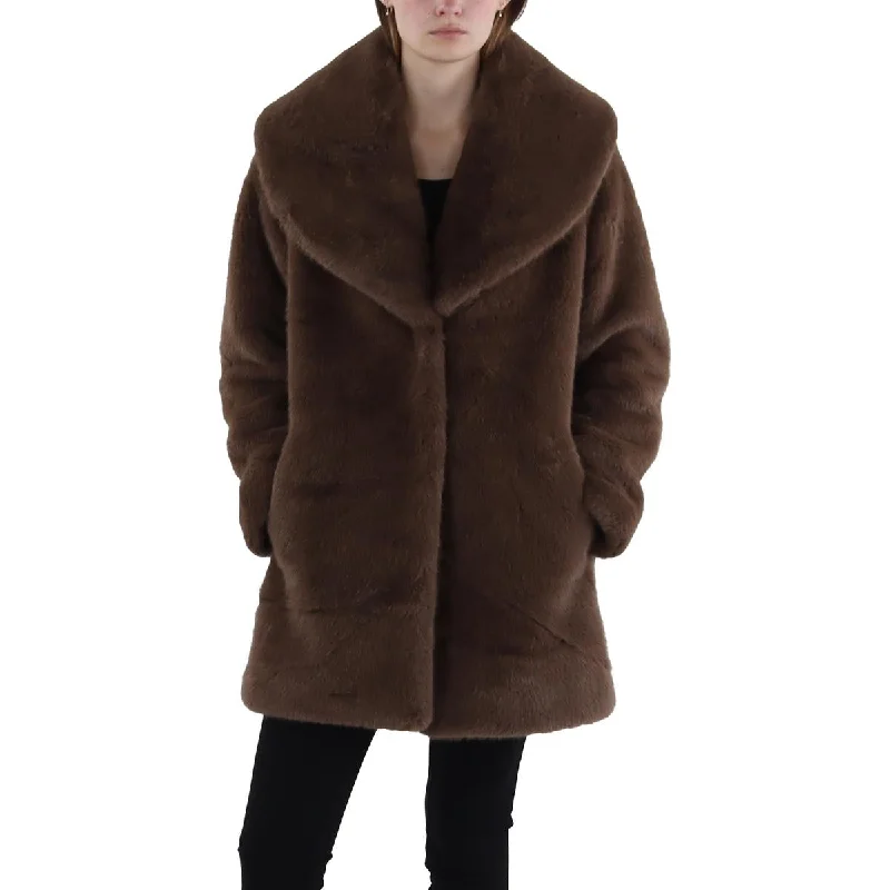 Via Spiga Womens Faux Fur Cozy Faux Fur Coat Zipper Front Biker Jacket