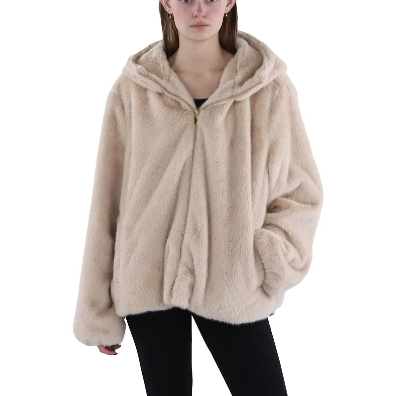 Via Spiga Womens Faux Fur Hooded Faux Fur Coat Suede Fringe Jacket
